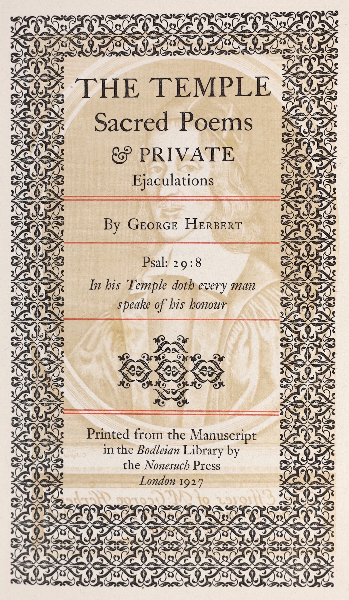 Herbert, George - The Temple; Sacred Poems and Private Ejaculations, one of 1500, 8vo, red brocade covered boards, Nonesuch Press, London, 1927